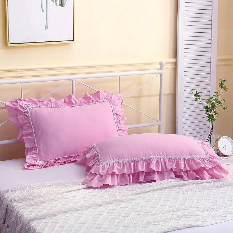2-Pack Pink Pillow Shams Pillowcases with Lace and Ruffles Cotton Queen Size 20"X30" Shabby Chic