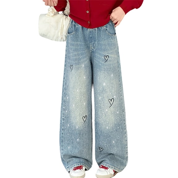 Gunia Girls Baggy Jeans Rhinestone Straight Leg Loose Fit Wide Leg Trousers Big Kids Autumn Toddler Girl Denim Pants 3-13 Years