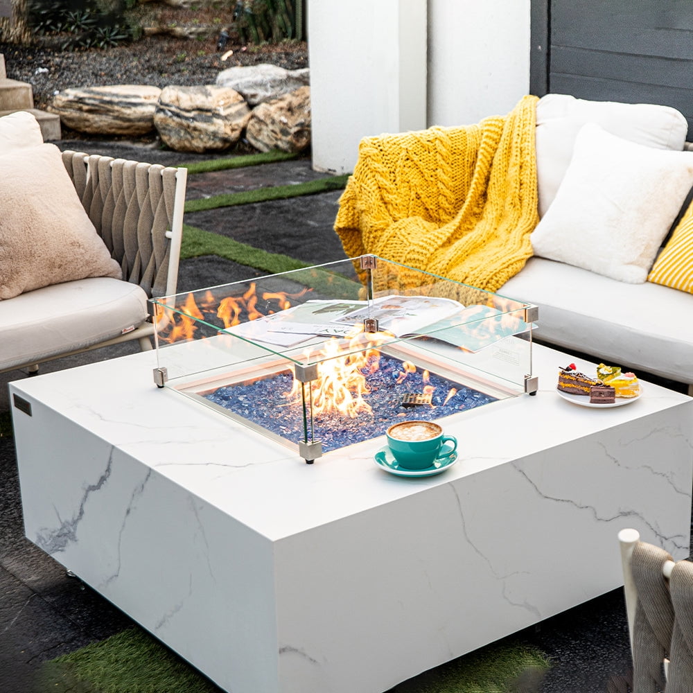 Elementi Plus Bianco Natural Gas Fire Pit for Outside Outdoor Fire Pit Table Smokeless Firepit Marble Porcelain Square Fire Table Patio Heater Fireplace 60000 BTUs - Bianco White, 39.4 x 39.4 Inches