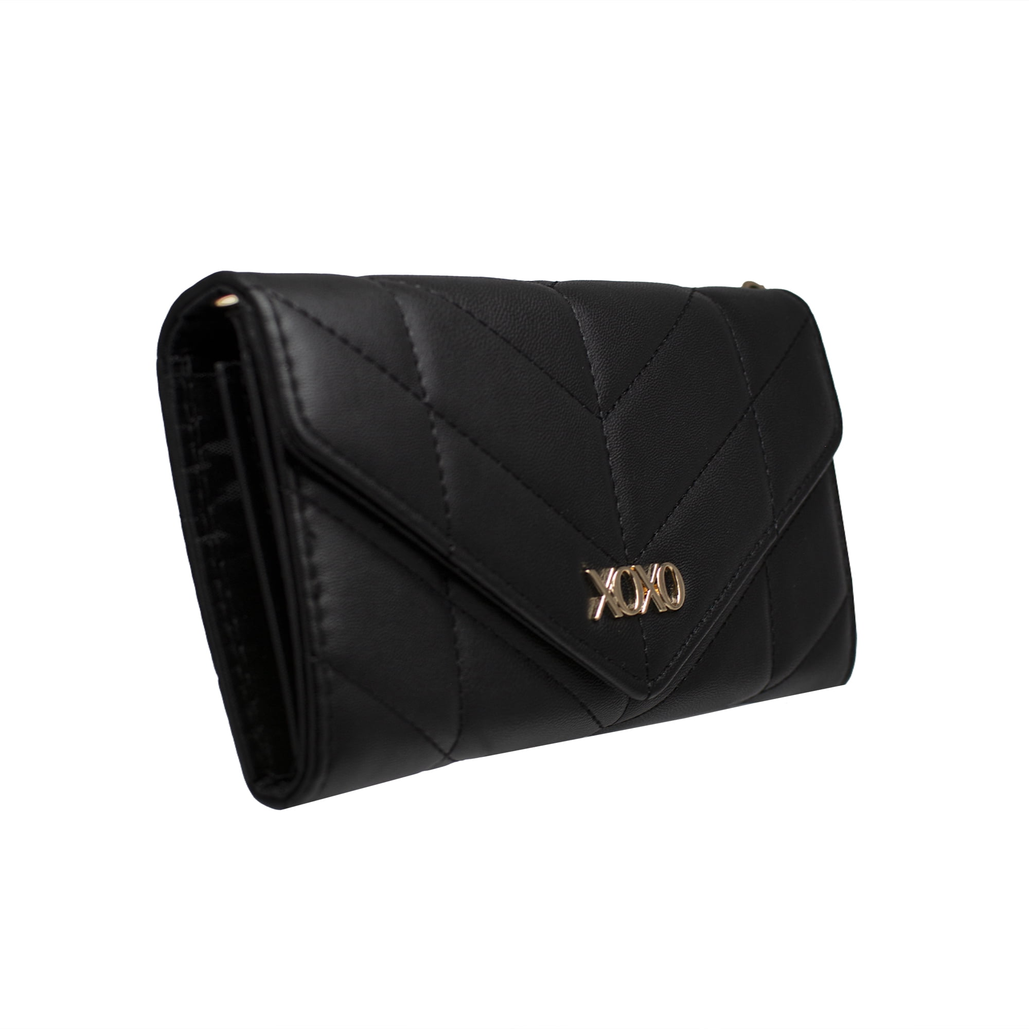 XOXO Women’s Small Black Vegan Leather Quilted Fold Wallet withCrossbody Strap