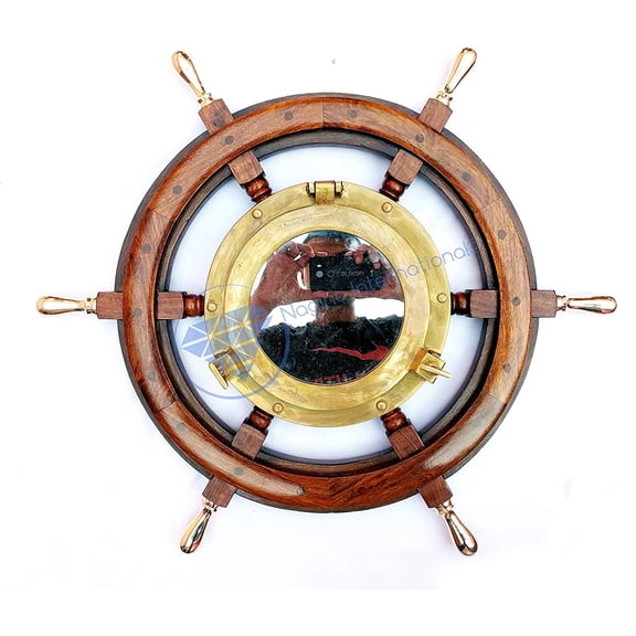 Nagina International Nautical Hand Crafted Wooden Ship Wheel with Antique Brass Porthole Mirror (48 Inches)