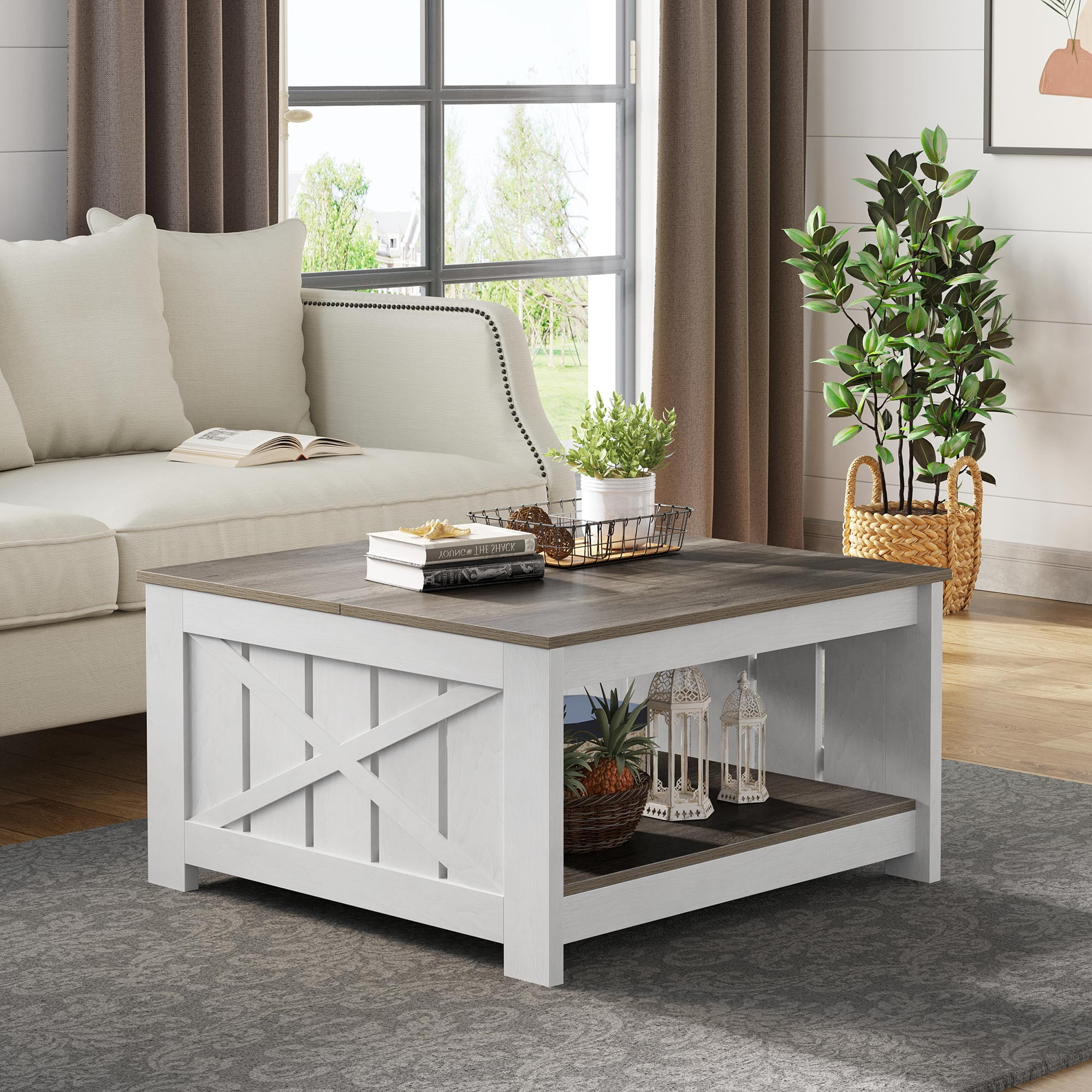 Dextrus Square Coffee Table, Farmhouse Coffee Table with Half Open Storage Compartment, Brown&White