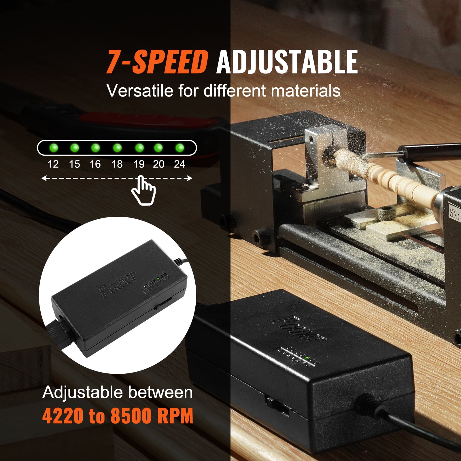 KFFKFF Small-Scale Lathe Device, Measures 2.76 x 6.3 inches, Powered by 24VDC 96W, Comes with Lathe Equipment Extras, Boasts 7 Speed Settings Varying between 4220 to 8450 RPM