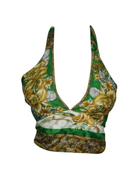 Mogul Womens Sexy Crop Top Upcycled Silk Printed Tie Back Bohemian Style Halter Blouse Tops One Size