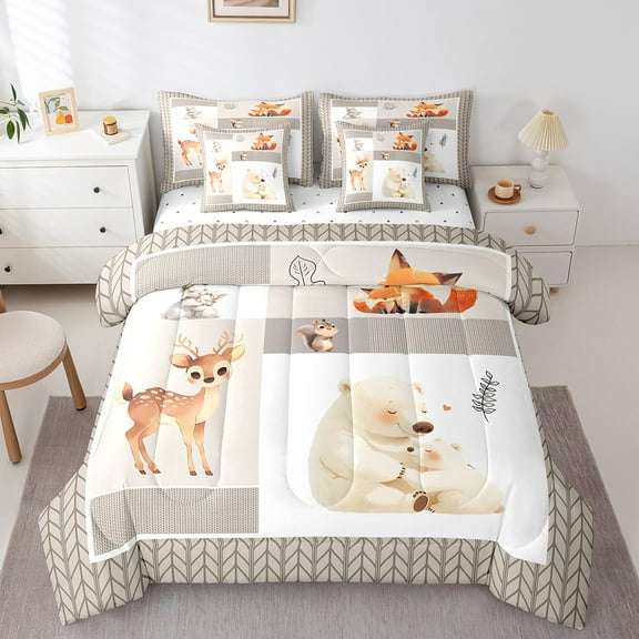 Erosebridal Cute Polar Bear Deer Fox Bed in a Bag Twin Size, Woodland Animal Bed Set, Cartoon Wildlife Buffalo Bed Sheets Setp with Comforter, Ultra Soft Bedroom Decor, Reversible 7 Pieces