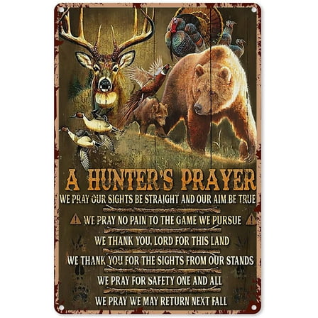 Hunting Signs for Room Hunter'S Prayer Bear Deer Bird Metal Sign Decor Tin Aluminum Sign Wall Art Metal Poster for Men Home Bar Party Garage Bathroom 12x8 Inch