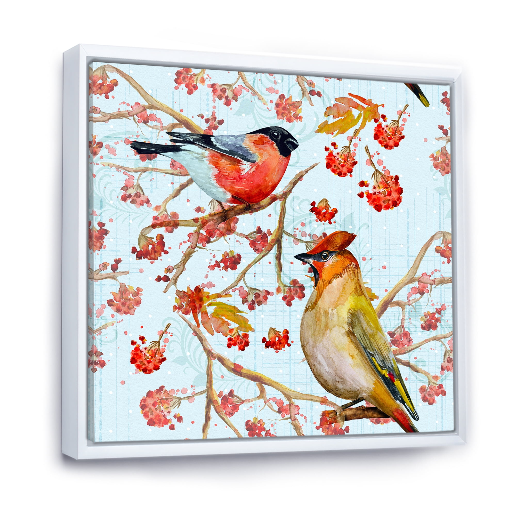Designart 'Two Birds Sitting On Branches During Autumn' Traditional Framed Canvas Wall Art Print