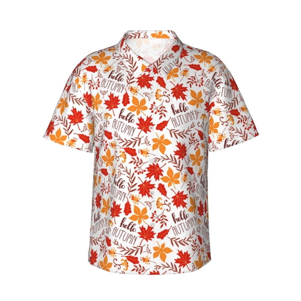 Balery Hello Autumn Maple Leaf Camisas hawaianas de manga corta para hombre, camisas playeras de corte holgado, camisas de vacaciones con botones,Small
