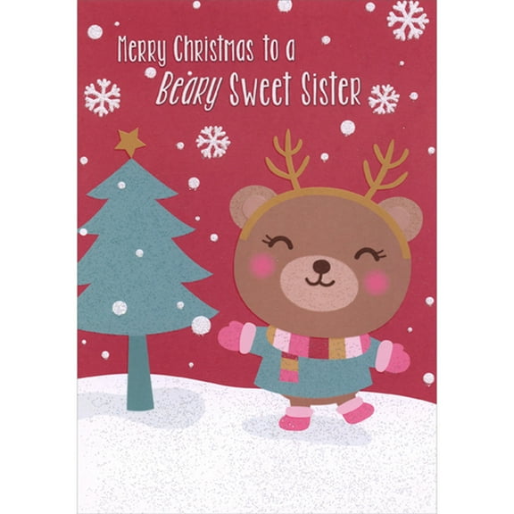 Designer Greetings Beary Sweet Sister: Bear Wearing Antlers and Blue Coat Juvenile Christmas Card for Sister