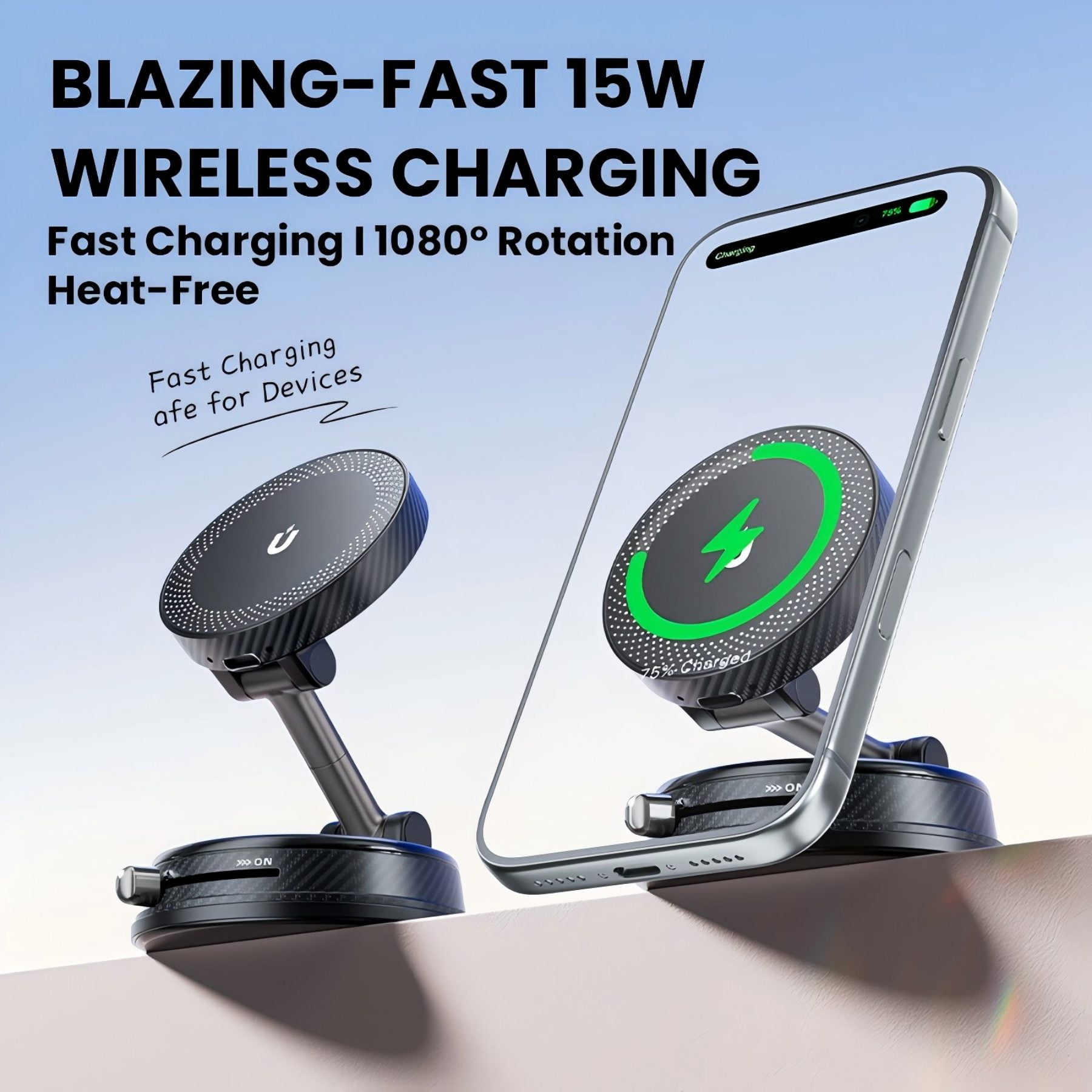 15W Fast Charging Strong Magnetic Car Mount - 120LBS Suction & 3000gf Magnet Phone Holder Charger for iPhone 12-17 Magsafe Charging