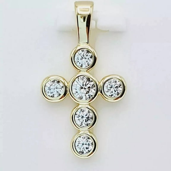 1.75Ct Round Cut Lab Created Diamond Small Cross Bezel Set Pendant Necklace 14K Yellow Gold Plated
