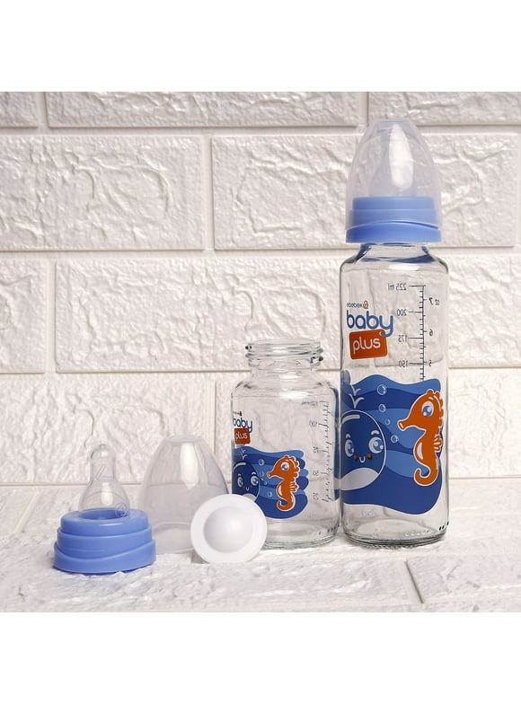 2 Blue Glass Baby Bottle Set