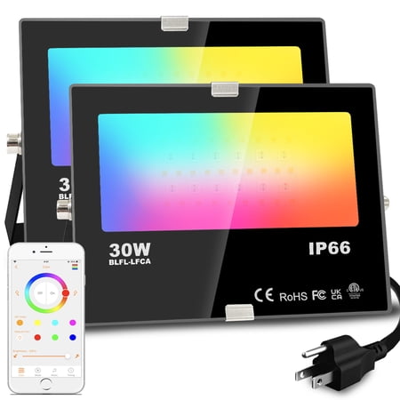 RGB LED Flood Light Outdoor 300W Equivalent Color Changing Smart Floodlights Colored Water Proof Garden Lawn Landscape Lighting Halloween Light Christmas Light AC110V 2 Pack