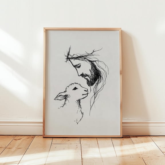 Jesus And Lamb Line Drawing Christian Wall Art, Minimalist Spiritual Poster Print