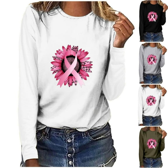 VKOYWKM Womens Breast Cancer Long Sleeve T-Shirts T-Shirt Pink Ribbon Print Breast Cancer Tops Crew Neck Loose Breast Cancer Awareness Sweatshirt