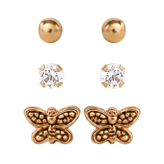 Brilliance Fine-Women's 14K Yellow Gold CZ, Ball, and Butterfly Stud Earring Set