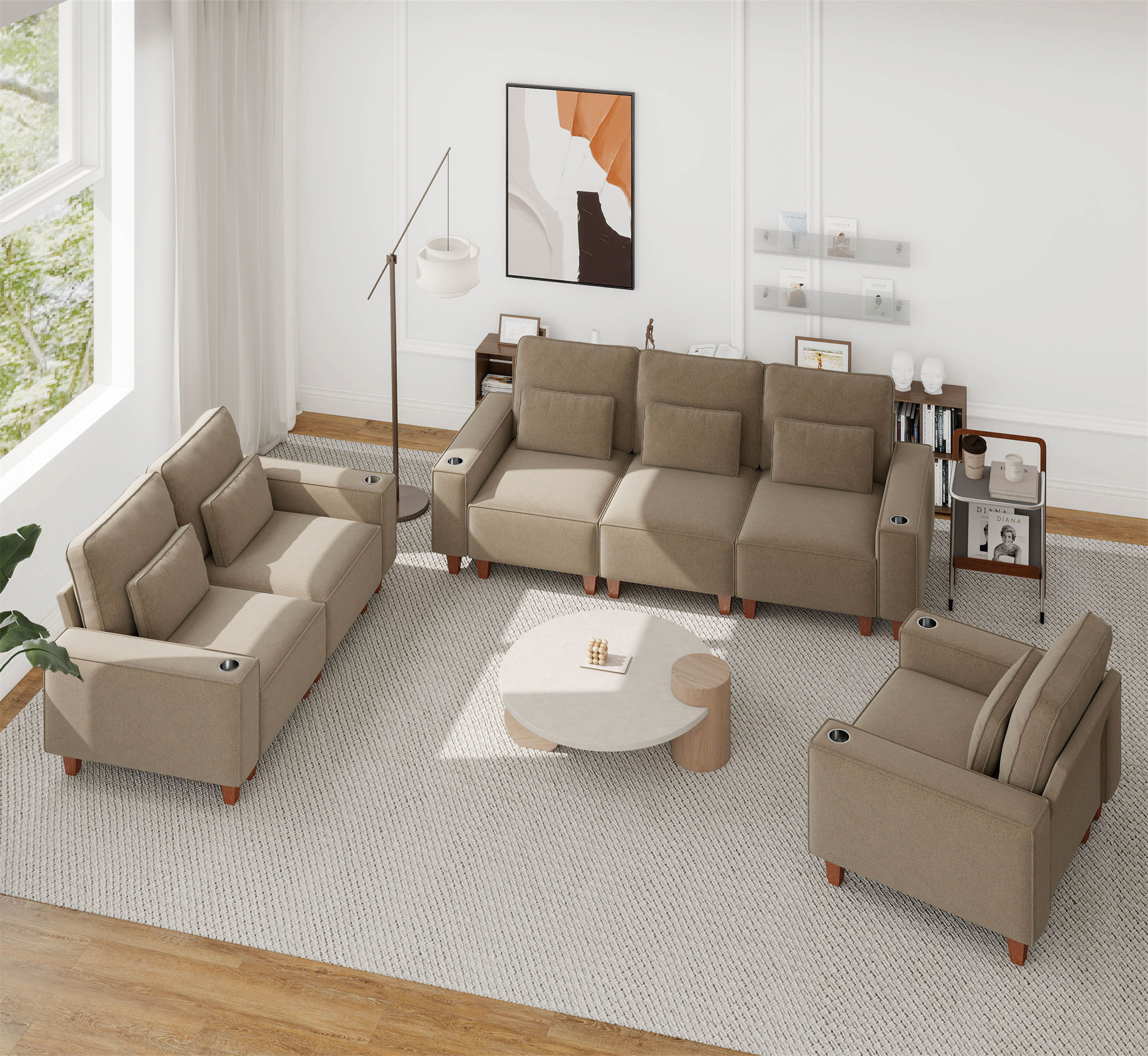 Aukfa 3 Piece Sofa Set - 71" Deep Seat Couch Loveseat Couch with Cup Holders&Pillows, Chenille, Khaki