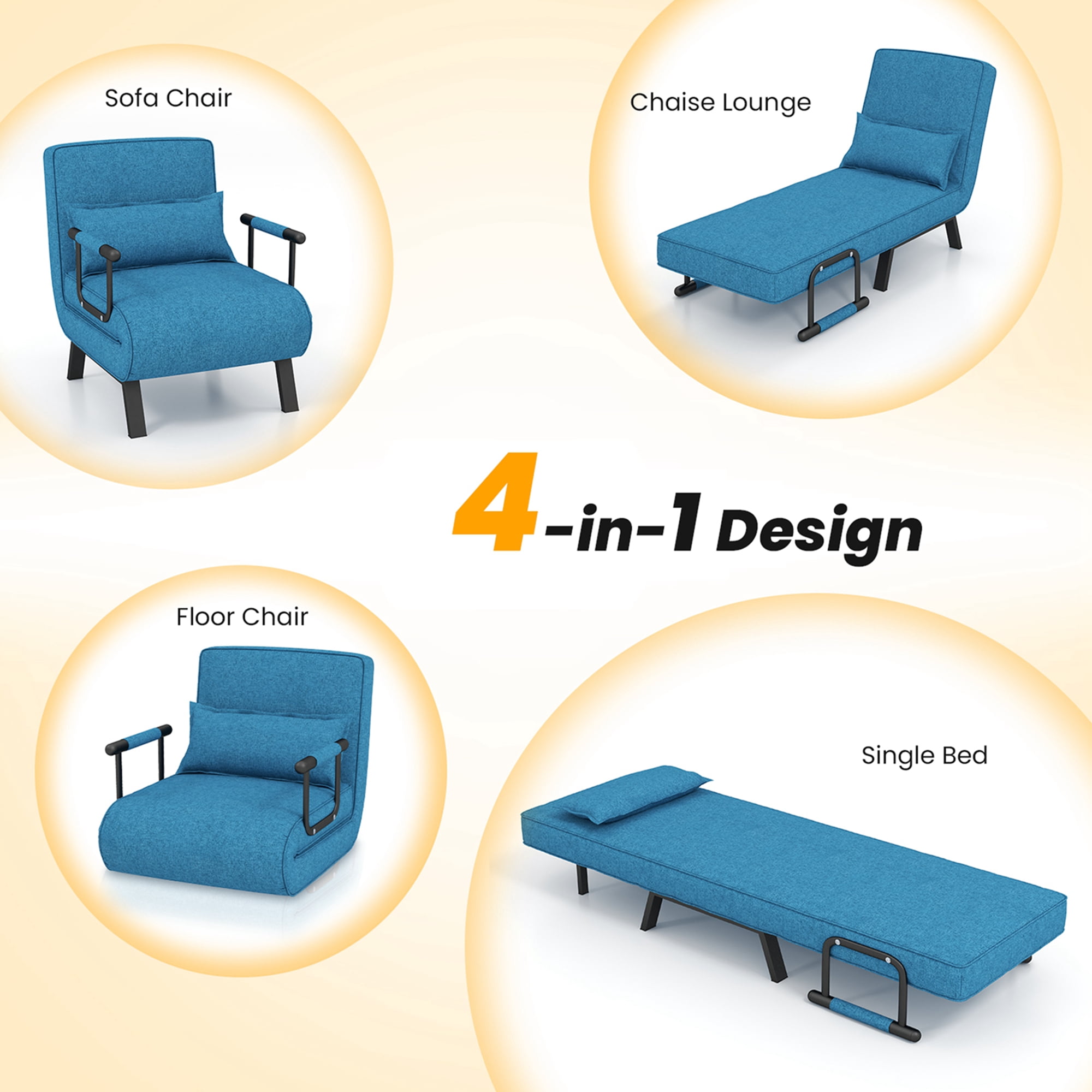 Costway Folding 5 Position Convertible Sleeper Bed Armchair Lounge Couch w/ Pillow Blue