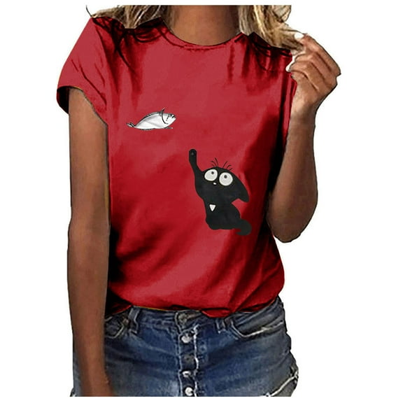 Herrnalise Women's Print T Shirts Women's Fashion Cat Print Round Neck Short Sleeve T-Shirt
