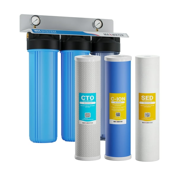 Max Water 3-stage 20"x 4.5" Whole House Big Blue Cation Water Filtration System - ¾" or 1" NPT Ports