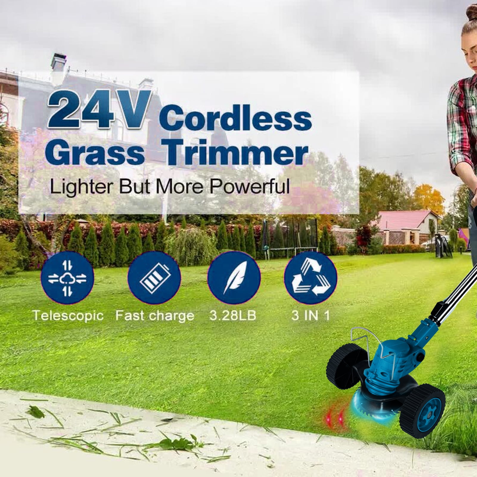 Victool Electric Lawn Mower Rechargeable Li-ion Battery Cordless Grass Trimmer Household Garden Home