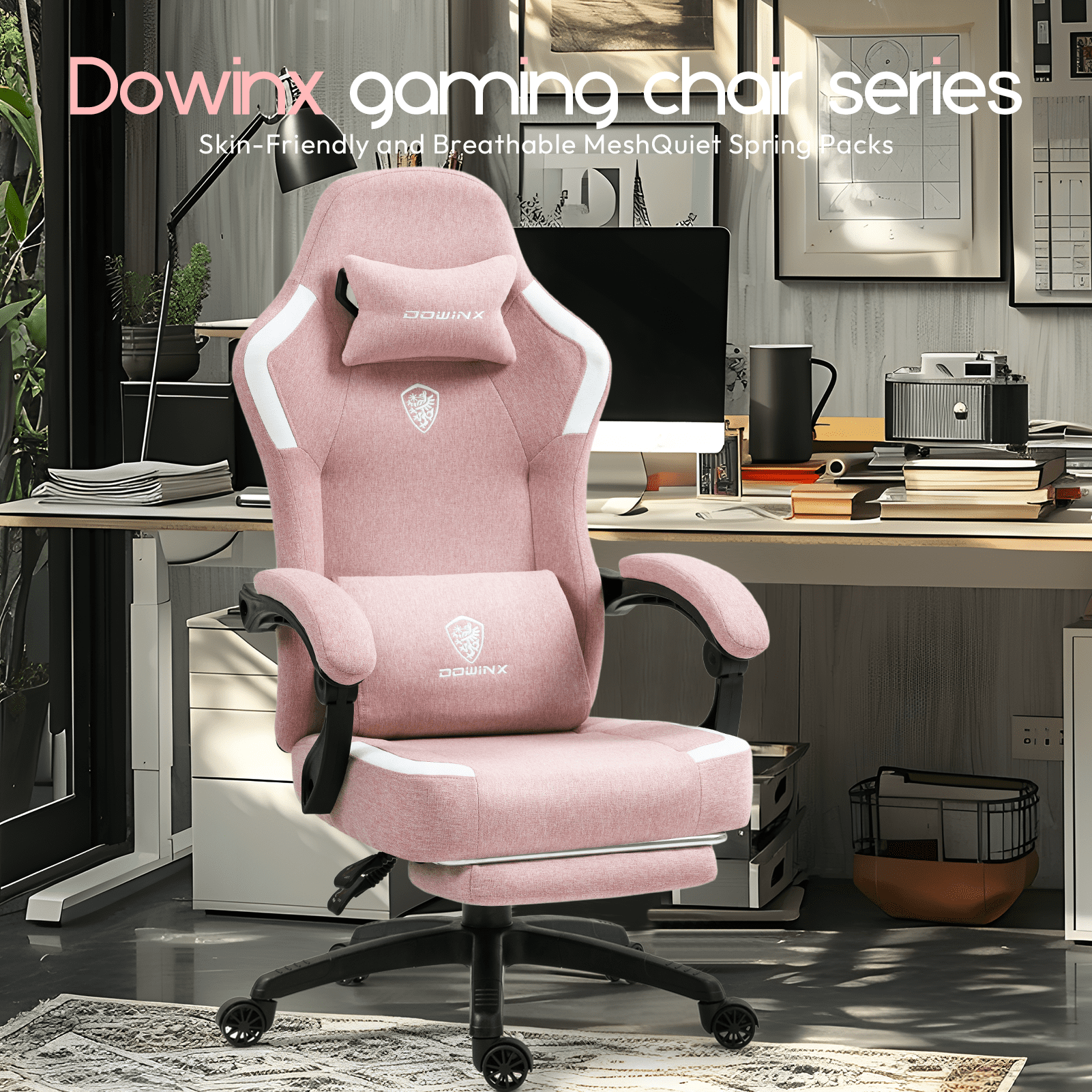 GOOSEA Fabric Gaming Chair with Pocket Spring Cushion, Breathable Computer Chair with Massage Lumbar Support and Footrest, High Back Office Chair for Adults,300lbs, Pink