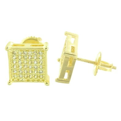 Square Shape Men Earrings Lab Created Cubic Zirconias Micro Pave Yellow Gold Finish Screw Back