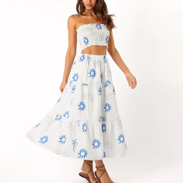 WILLBEST Drop Waist Dress Women Women's Two Piece Pattern Print Outfits Off Shoulder Ruched Bandeau Tube Tops Long Flowy A Line Skirt Boho Set