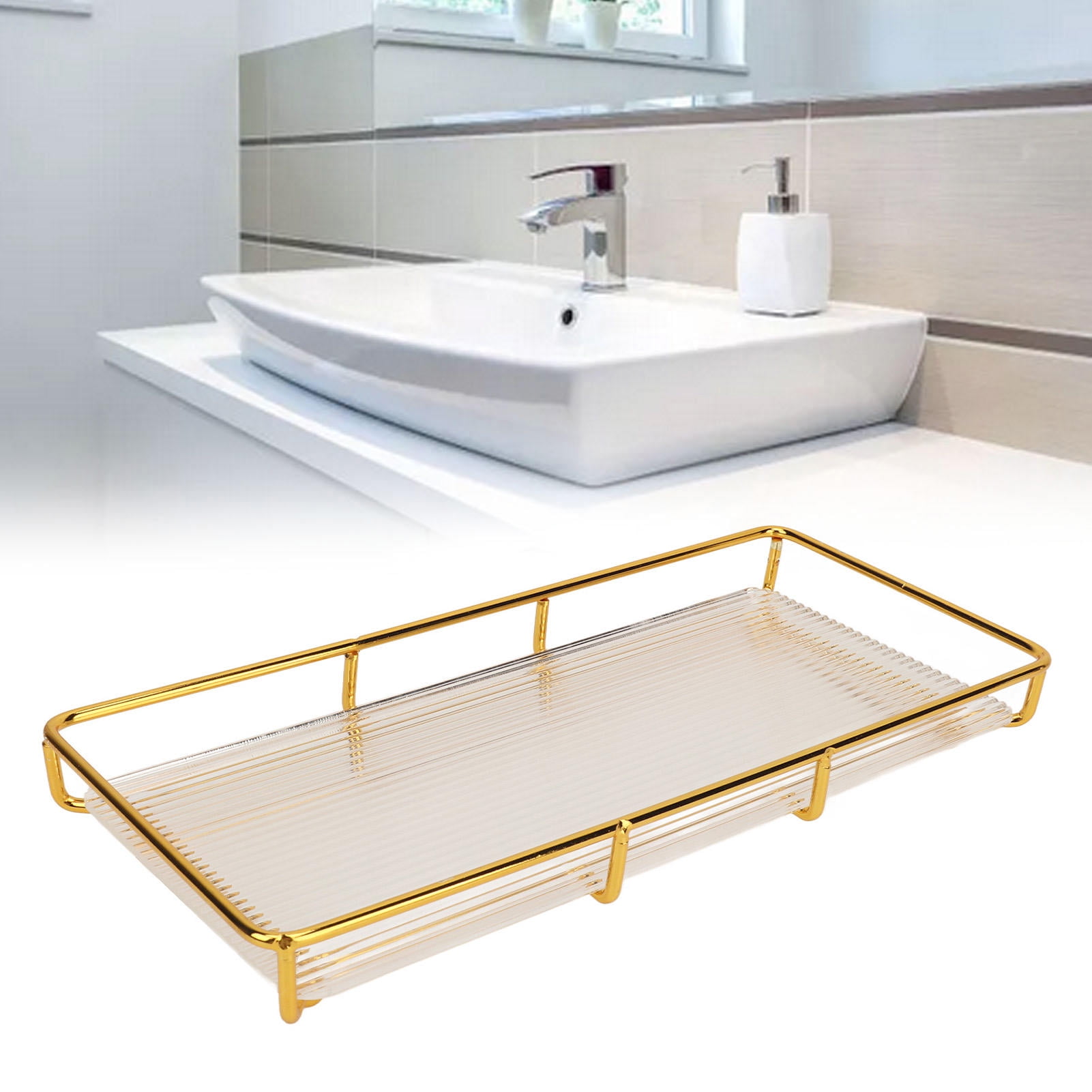 BIMZUC Stainless Steel & Acrylic Bathroom Countertop Tray – Modern Minimalist, Space‑Saving Vanity Organizer, 12.6"x7.1"x1.57"– Gold Finish