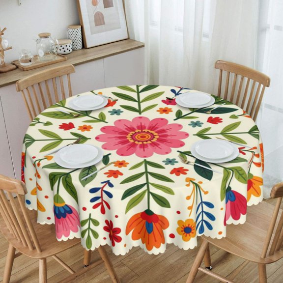 Multicolor Folk Floral Mandala Round Tablecloth Waterproof Oil Proof Spill Proof Table Cloth 70" for Camping, Dining, Indoor and Outdoor Table Cover