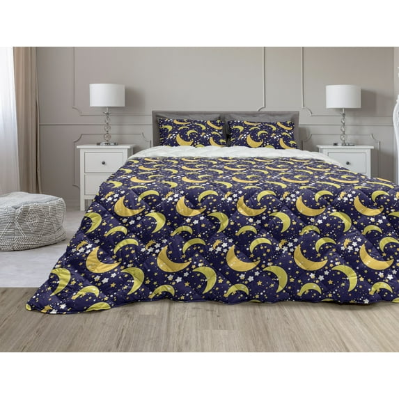 Universe Comforter & Sham Bedding Set, Repetitive Stars and Crescent Cosmic Space Elements Motif, 3 pcs Duvet Set Microfiber Filling Quilt, 5 Sizes, Mustard Indigo, by Ambesonne