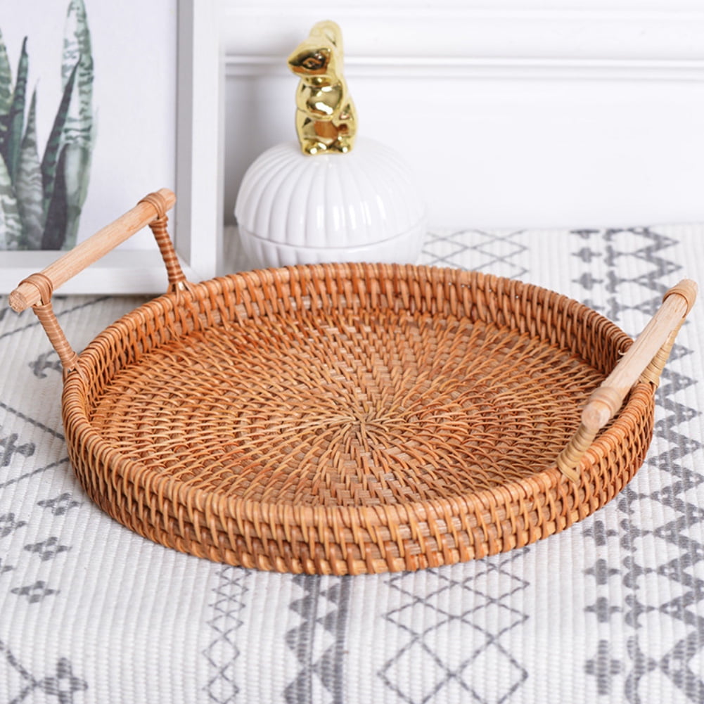 Rattan Storage Tray Round Basket Handle Hand-woven Rattan Wicker Bread Food 