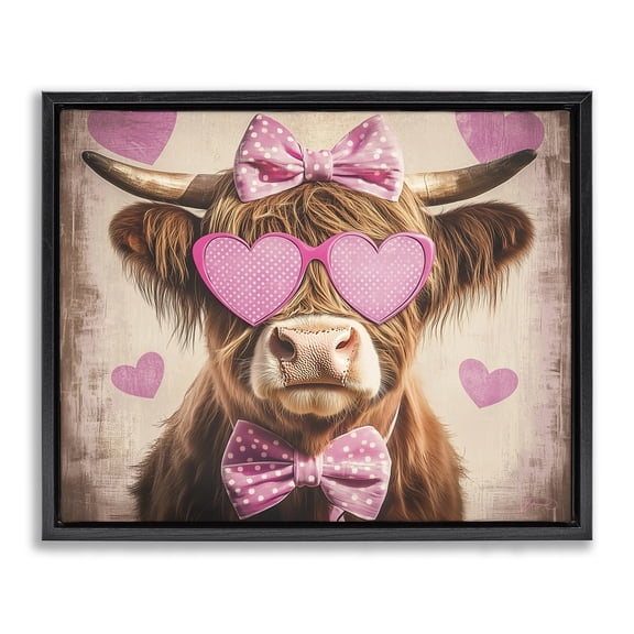 Cute Cattle Pink Hearts Black Framed Floater Canvas Wall Art, design by Shawna Stewart