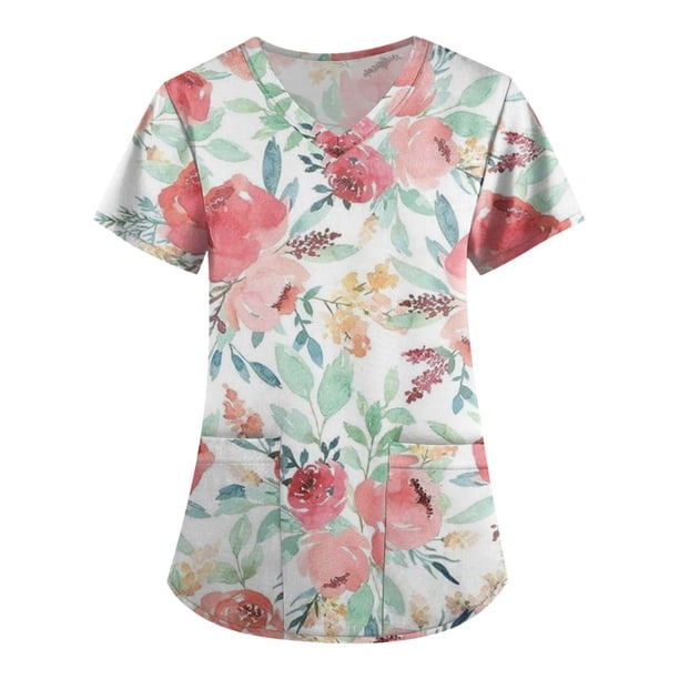 Top de trabajo de manga corta con cuello en v SCZ rosa talla S