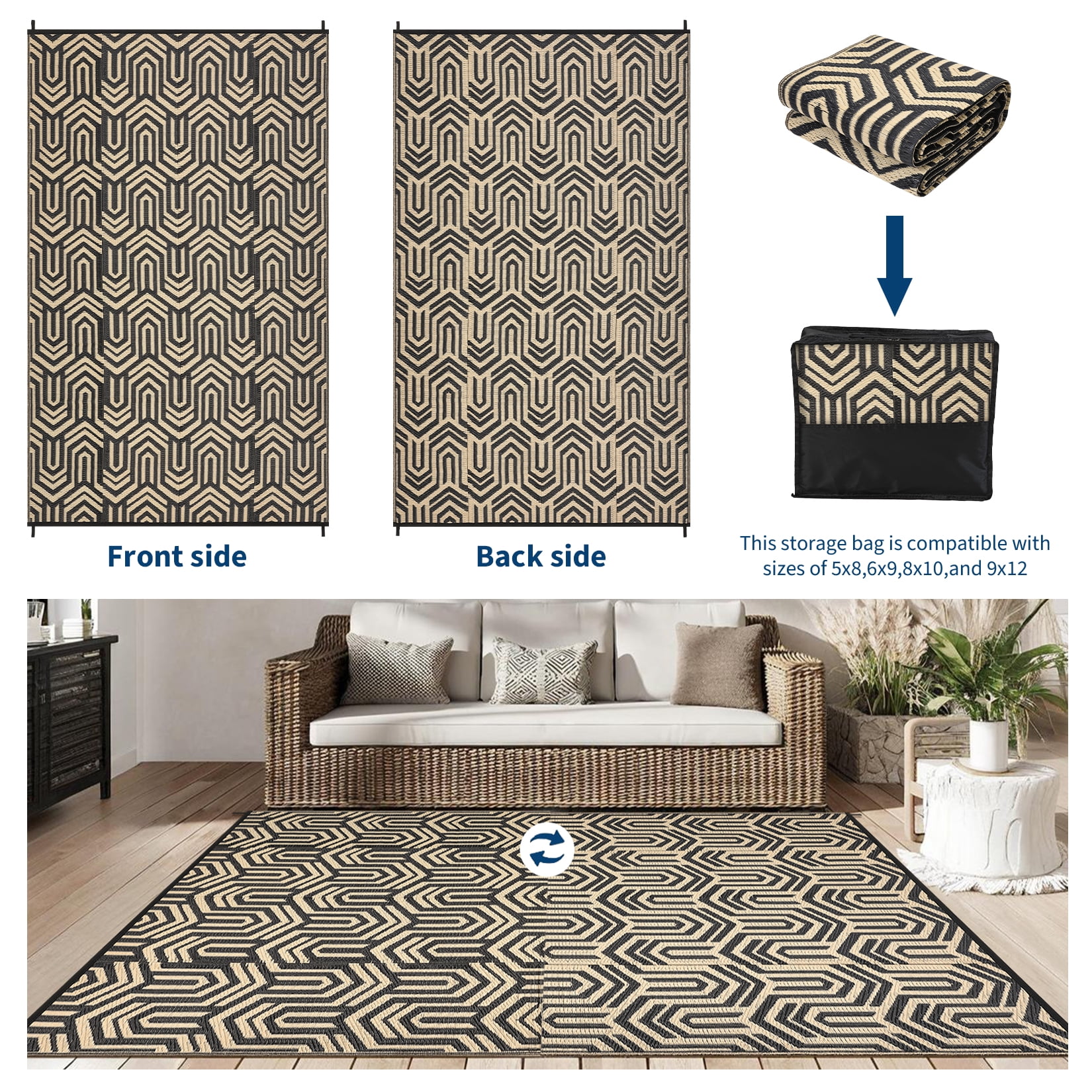 HIWEAVER 9' x 18' Black/Brown Outdoor Rug PP Plastic Straw Woven Waterproof Patio Rug with Border Portable Outside Carpet for Balcony Deck Picnic Garden Decor