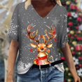 thumbnail image 2 of Ladies Casual Fashion Christmas Themed Snowflake Deer Print V Neck Short Sleeved T Shirt Top,Grey,L, 2 of 4