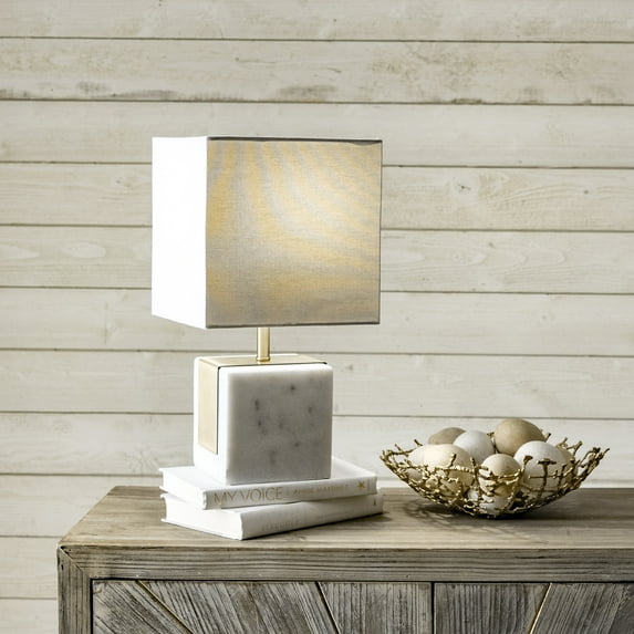 nuLOOM Newell 17" Plated Marble Cube Table Lamp, 16.5" H x 10" W x 10" D, Ivory