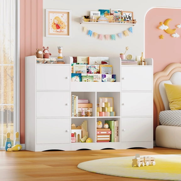 Hiphuta 55"In Kids Bookcase with Toy Storage Organizer, Wood Bookcase Toy Chest of 10 Compartments, Bookshelf for Kids Bedroom Classroom, White