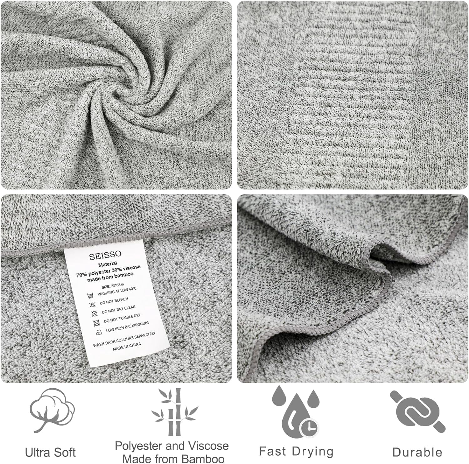 Bath Towels, Extra Absorbent & Quick Drying Towels for Bathroom, Viscose Made from Bamboo Soft Bath Sheet (35 x 63inch), Premium Towel 2 Count SEISSO