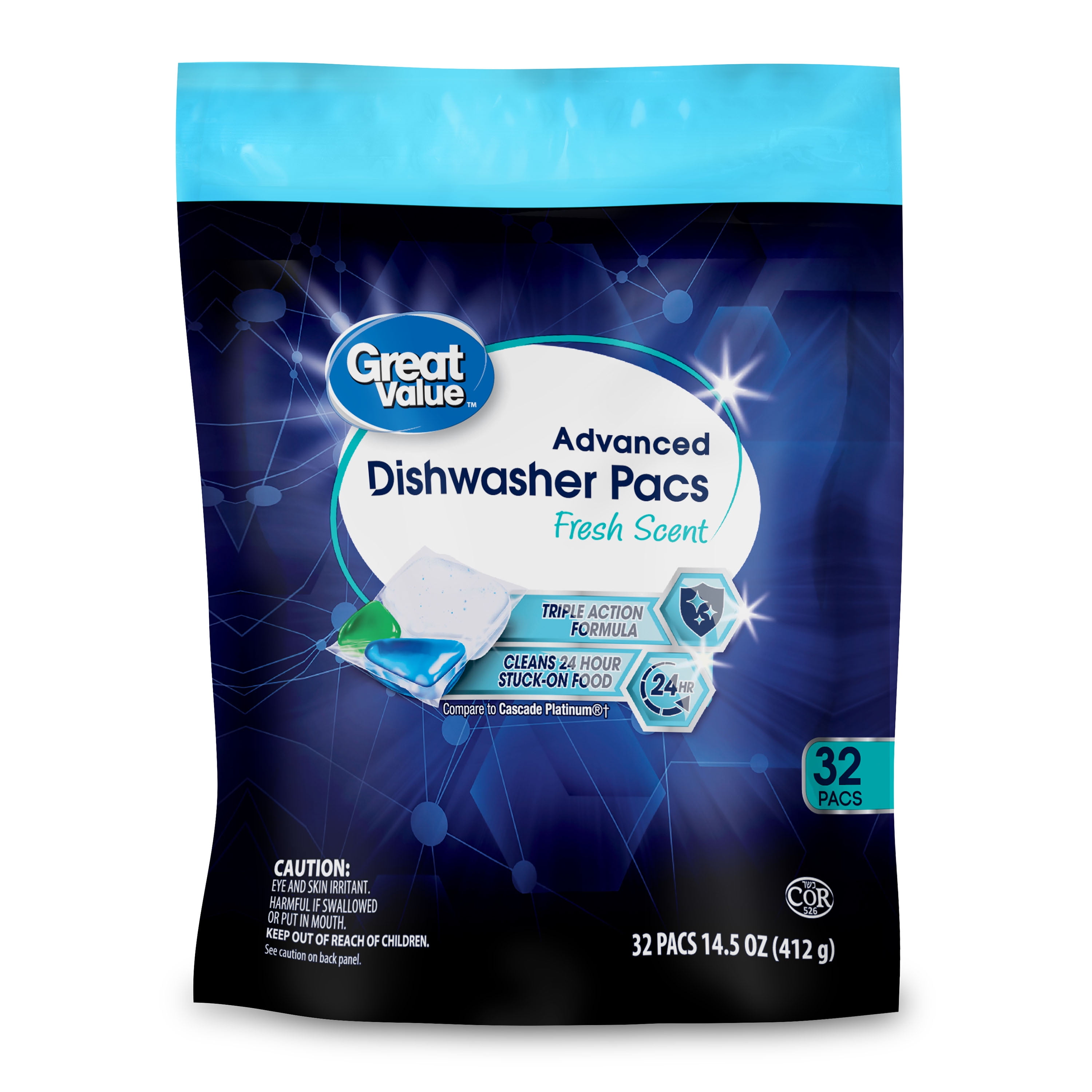 Great Value Advanced Dishwasher Pacs, Fresh Scent, 32 Count