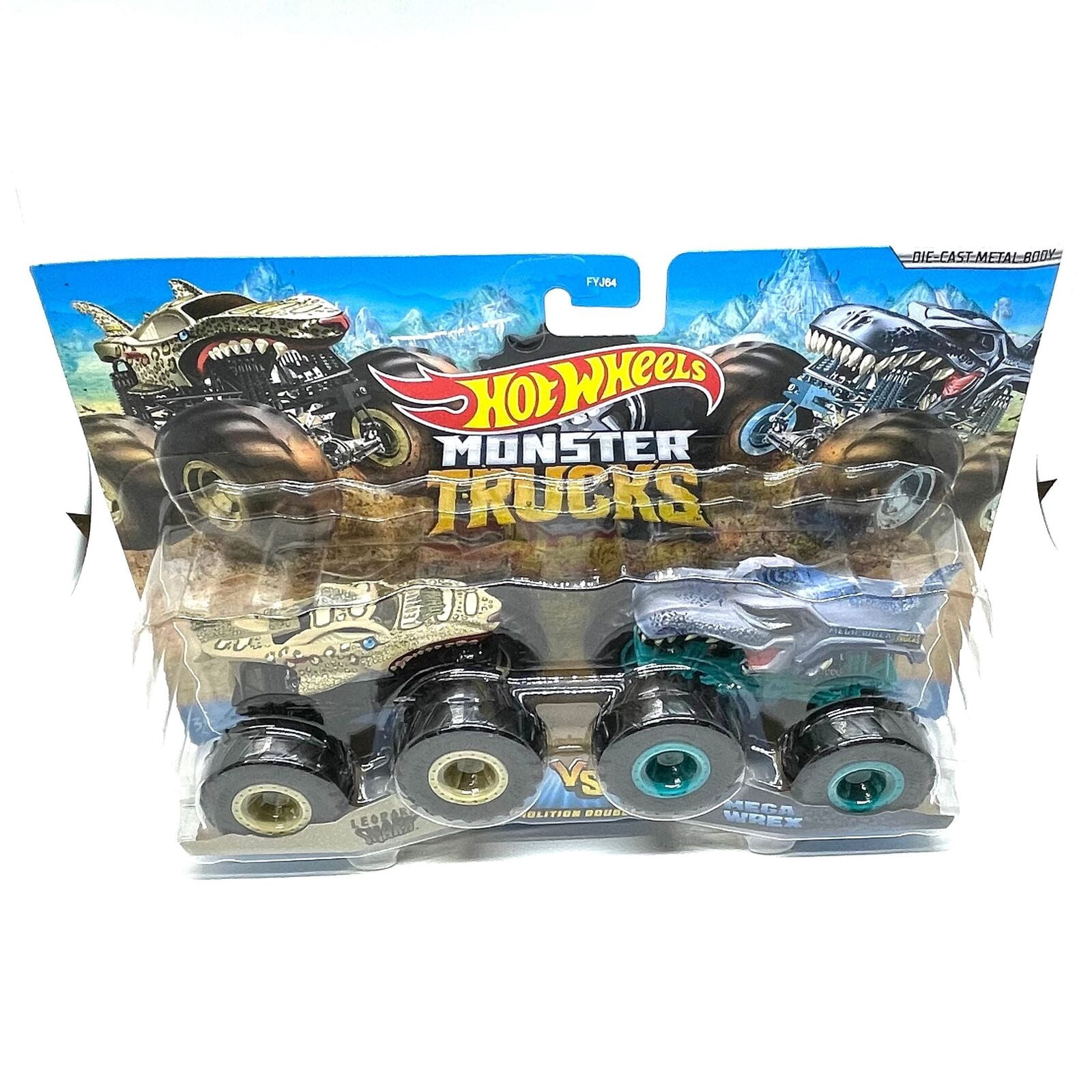 Hot Wheels Monster Trucks Mega-Wrex vs Leopard Shark Demolition Doubles 1:64 Scale Monster Trucks 2-Pack