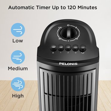 Pelonis Quiet Oscillating Tower Fan – 3 Speeds, Remote Control, 7-Hour Timer (Glossy Black)