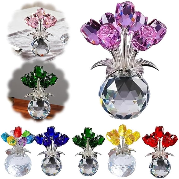 Crystal Rose Flower Figurine with Round Vase – Glass Flowers with Stems – Exquisite Crystal Gift for Mother’s Day and Home Decor (Purple)