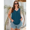 thumbnail image 6 of SHOWMALL Plus Size Sleeveless V Neck Shirt for Women, Pleated Tank Top to Layer Under Blazer or Cardigan, Indigo Blue 5X Side Slit Summer Casual Vacation Tops, 6 of 8