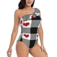 thumbnail image 3 of Easygdp Heart Black Buffalo Plaid Gingham Women's One Shoulder Ruffle Monokini Bathing Suits with Removable Chest Pad, Quick Drying - Large, 3 of 8