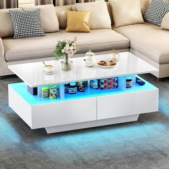 KWUXIN LED Coffee Tables for Living Room, High Glossy Coffee Table with Storage 4 Sliding Drawers, Small Rectangular LED Coffee Table Center Table with Open Display Shelf,White-without Lift Top