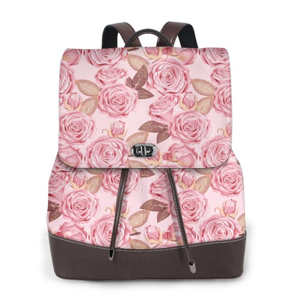 Xecao Rose Flowers Print Large Backpack Soft Leather for Women Travel with Compartment, Adjustable Convertible Strap