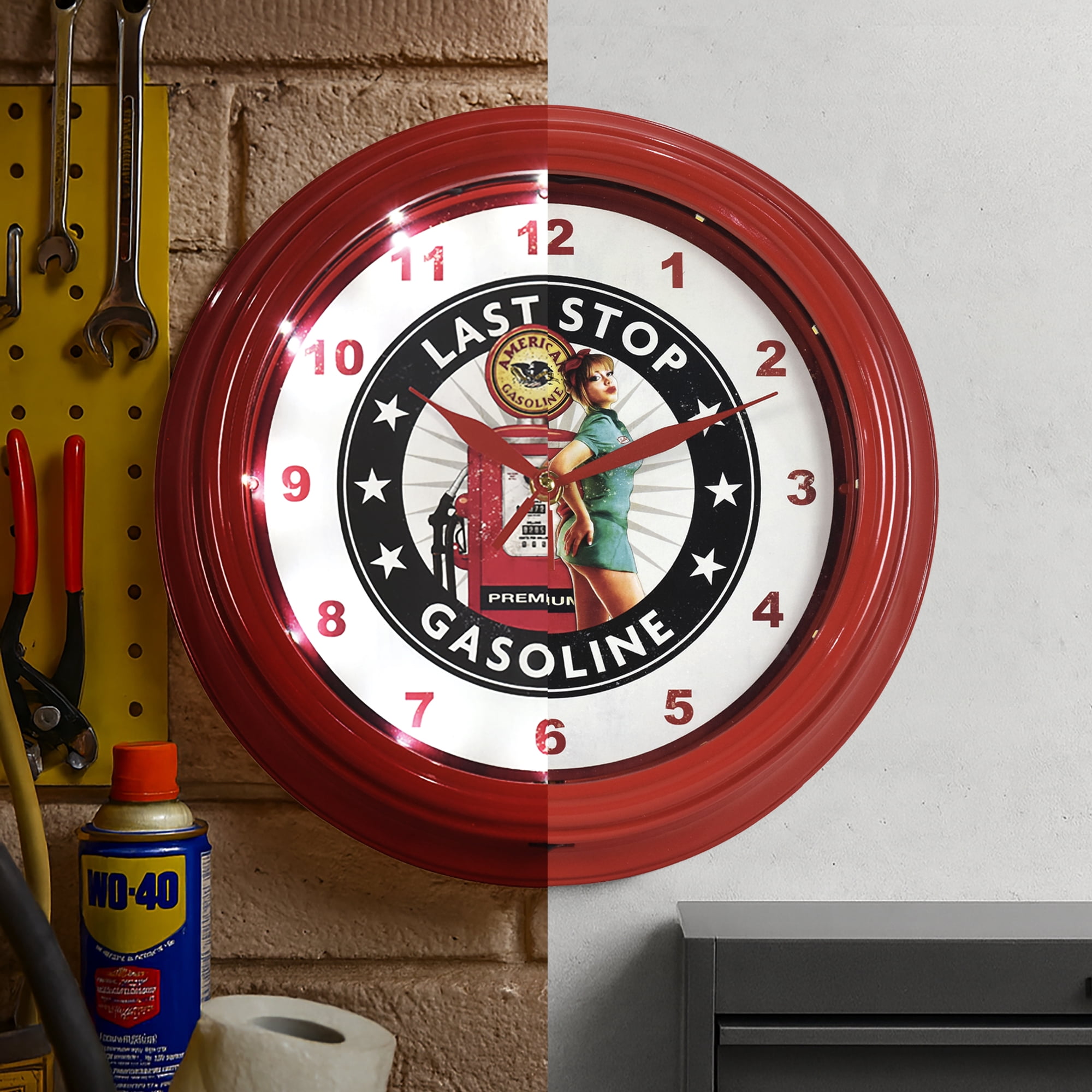 American Art Decor Last Stop Gasoline Pinup Girl LED Clock - 12" Wall Mounted American Gasoline Wall Decor - Wall Clock for Living Room, Dorm, Mancave, Garage, Office, Game Room (Red/White/Black)