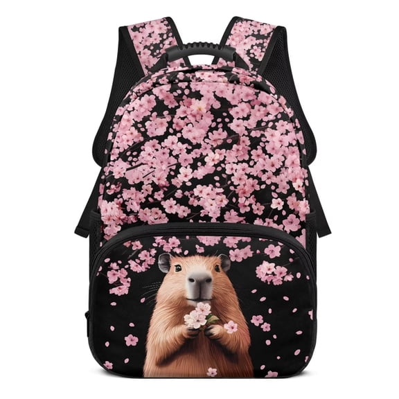 Aplkyhs Cherry Blossom Capybara School Backpack for Boys Girls Ages 6-18 Large Capacity Ergonomic Padded Adjustable Shoulder Straps for Elementary Middle High School Daily Use Travel