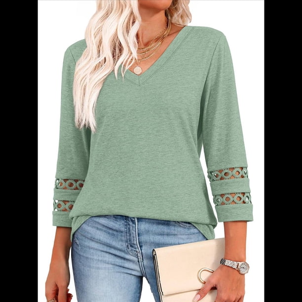 Blusas Elegantes e Informales de 3/4 para Mujer, Camisetas de Cuello en V A , Ropa de Verano 2025. Verde XXL